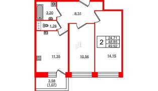 Квартира в ЖК Удача, 2 комнатная, 49.92 м², 2 этаж