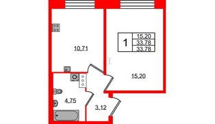 Квартира в ЖК Удача, 1 комнатная, 33.78 м², 2 этаж