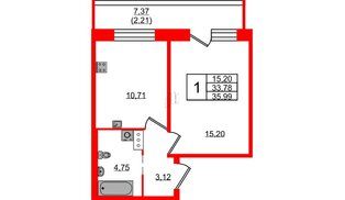 Квартира в ЖК Удача, 1 комнатная, 35.99 м², 4 этаж