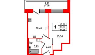 Квартира в ЖК Удача, 1 комнатная, 34.25 м², 3 этаж