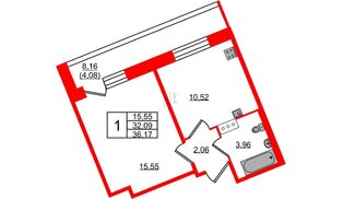 Квартира в ЖК Удача, 1 комнатная, 36.1 м², 3 этаж
