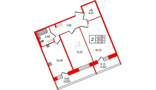 Квартира в ЖК Удача, 2 комнатная, 61.87 м², 3 этаж
