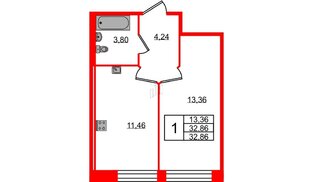 Квартира в ЖК Удача, 1 комнатная, 32.86 м², 1 этаж