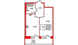Квартира в ЖК Удача, 1 комнатная, 34.54 м², 5 этаж