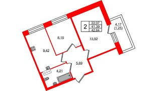 Квартира в ЖК Удача, 2 комнатная, 42.64 м², 11 этаж