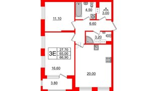 Квартира в ЖК Тайм Сквер, 2 комнатная, 66.9 м², 3 этаж