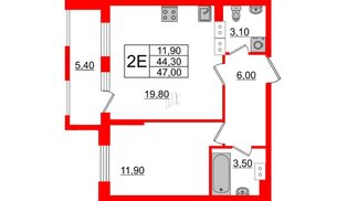 Квартира в ЖК Тайм Сквер, 1 комнатная, 47 м², 10 этаж