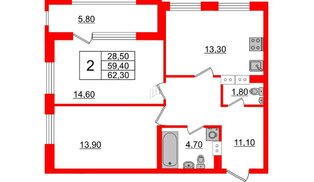 Квартира в ЖК Тайм Сквер, 2 комнатная, 62.3 м², 7 этаж