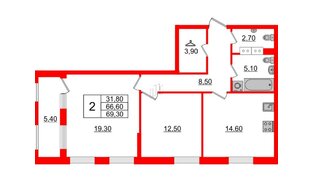 Квартира в ЖК Тайм Сквер, 2 комнатная, 69.3 м², 3 этаж