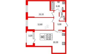 Квартира в ЖК Тайм Сквер, 2 комнатная, 64.8 м², 6 этаж