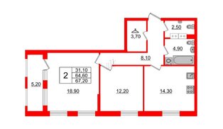Квартира в ЖК Тайм Сквер, 2 комнатная, 67.2 м², 2 этаж