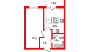 Квартира в ЖК «Дуэт», 1 комнатная, 36.8 м², 3 этаж