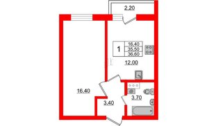 Квартира в ЖК «Дуэт», 1 комнатная, 36.7 м², 6 этаж