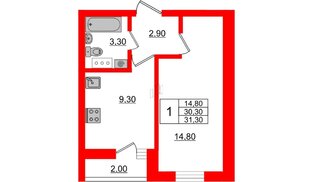 Квартира в ЖК «Дуэт», 1 комнатная, 31.5 м², 3 этаж