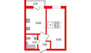 Квартира в ЖК «Дуэт», 1 комнатная, 37.3 м², 2 этаж