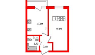 Квартира в ЖК «Дуэт», 1 комнатная, 37.1 м², 2 этаж
