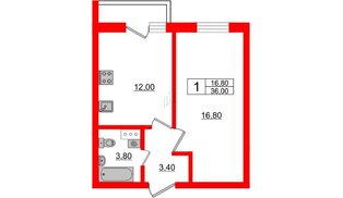 Квартира в ЖК «Дуэт», 1 комнатная, 37.2 м², 4 этаж
