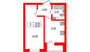 Квартира в ЖК «Дуэт», 1 комнатная, 31.5 м², 6 этаж