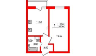 Квартира в ЖК «Дуэт», 1 комнатная, 36.9 м², 2 этаж