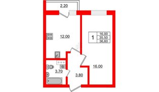 Квартира в ЖК «Дуэт», 1 комнатная, 36.8 м², 3 этаж