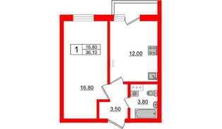 Квартира в ЖК «Дуэт», 1 комнатная, 37.3 м², 7 этаж