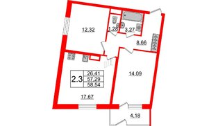 Квартира в ЖК Зеленый квартал на Пулковских высотах, 2 комнатная, 57.29 м², 1 этаж