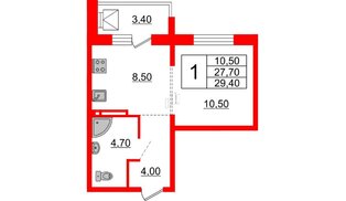 Квартира в ЖК Сибирь, 1 комнатная, 29.4 м², 13 этаж
