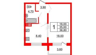Квартира в ЖК Сибирь, 1 комнатная, 36.8 м², 2 этаж