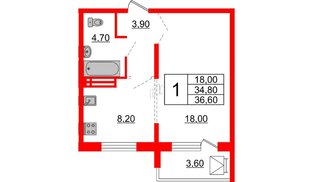 Квартира в ЖК Сибирь, 1 комнатная, 36.6 м², 14 этаж