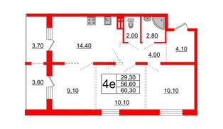 Квартира в ЖК Сибирь, 3 комнатная, 60.3 м², 2 этаж