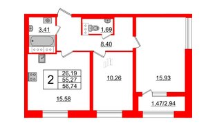 Квартира в ЖК БелАРТ, 2 комнатная, 56.74 м², 14 этаж