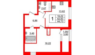 Квартира в ЖК БелАРТ, 1 комнатная, 44.73 м², 21 этаж