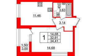 Квартира в ЖК БелАРТ, 1 комнатная, 34.41 м², 3 этаж