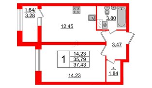 Квартира в ЖК БелАРТ, 1 комнатная, 37.43 м², 4 этаж