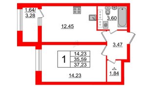 Квартира в ЖК БелАРТ, 1 комнатная, 37.23 м², 14 этаж