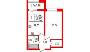 Квартира в ЖК БелАРТ, 1 комнатная, 37.26 м², 5 этаж