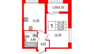 Квартира в ЖК БелАРТ, 1 комнатная, 33.07 м², 13 этаж