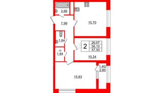 Квартира в ЖК БелАРТ, 2 комнатная, 57.5 м², 2 этаж