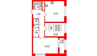 Квартира в ЖК БелАРТ, 2 комнатная, 57.02 м², 15 этаж