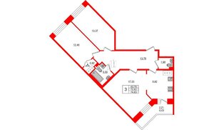 Квартира в ЖК Стороны Света, 3 комнатная, 74.83 м², 2 этаж