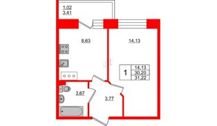 Квартира в ЖК Стороны Света, 1 комнатная, 31.22 м², 8 этаж