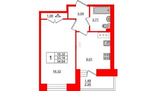 Квартира в ЖК Стороны Света, 1 комнатная, 34.64 м², 2 этаж