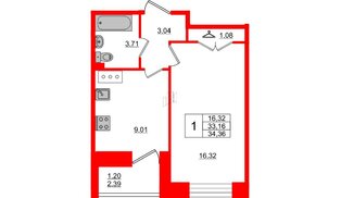 Квартира в ЖК Стороны Света, 1 комнатная, 34.36 м², 2 этаж