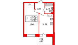 Квартира в ЖК Стороны Света, 1 комнатная, 36.5 м², 2 этаж