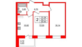 Квартира в ЖК Стороны Света, 2 комнатная, 54.83 м², 3 этаж