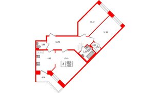 Квартира в ЖК Стороны Света, 3 комнатная, 74.85 м², 2 этаж