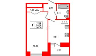 Квартира в ЖК Стороны Света, 1 комнатная, 34.5 м², 14 этаж