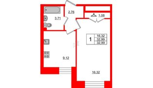 Квартира в ЖК Стороны Света, 1 комнатная, 32.99 м², 1 этаж