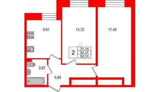 Квартира в ЖК Стороны Света, 2 комнатная, 50.31 м², 1 этаж