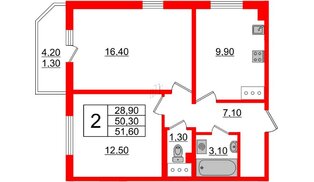 Квартира в ЖК 'Цивилизация', 2 комнатная, 51.6 м², 6 этаж